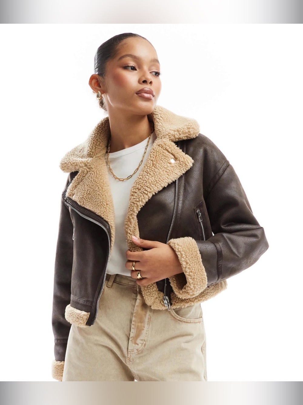 Faux Shearling Cropped Aviator Jacket - Brown & Cream